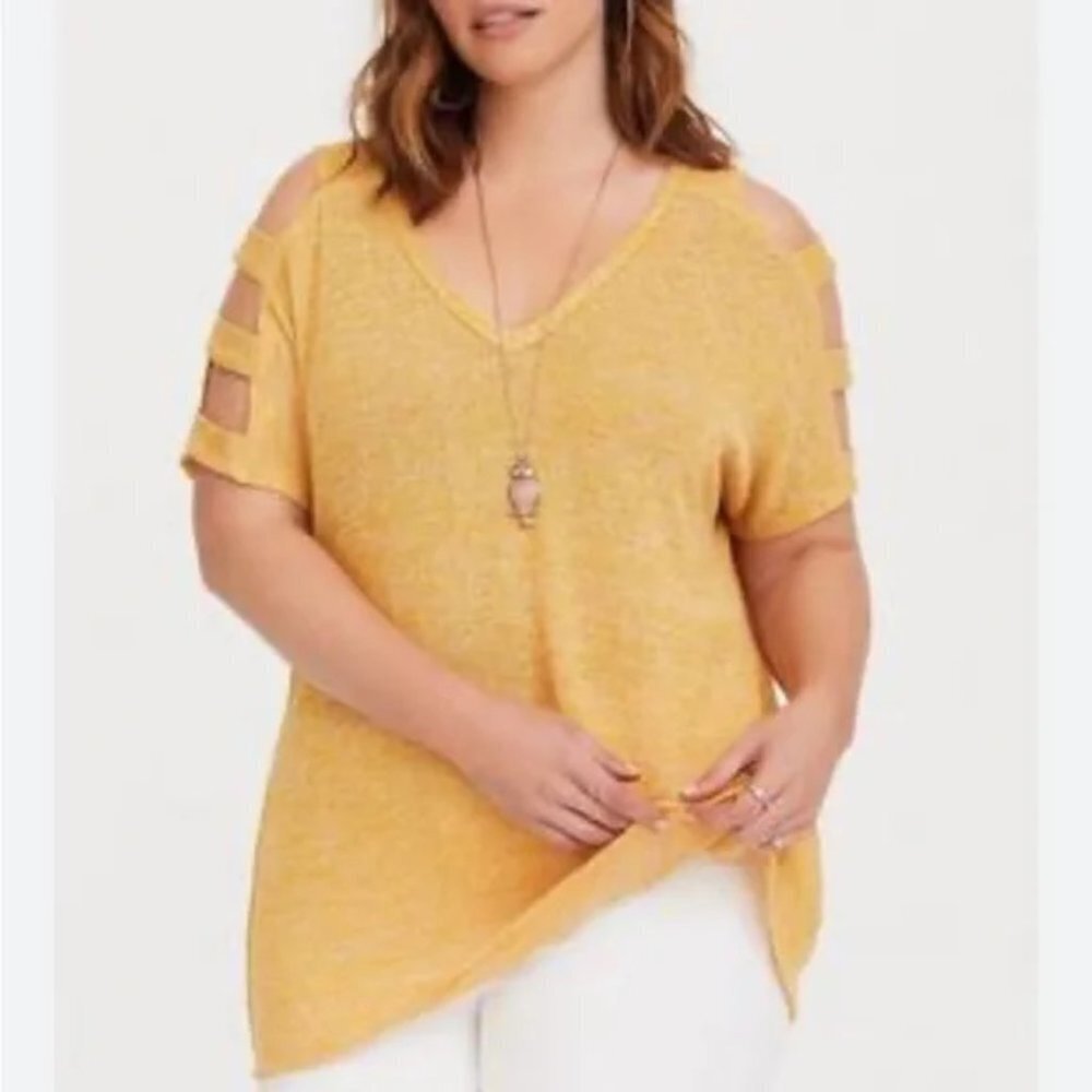 Torrid Yellow Ladder Dolman Pullover Sweater 2 Plus Size V-Neck Shirt